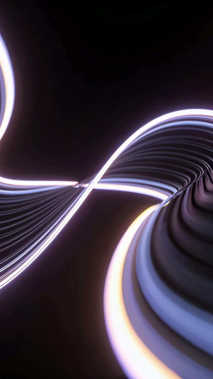 Vertical video: Camera moving closer, glowing ribbons weaving in void, revealing central crossing