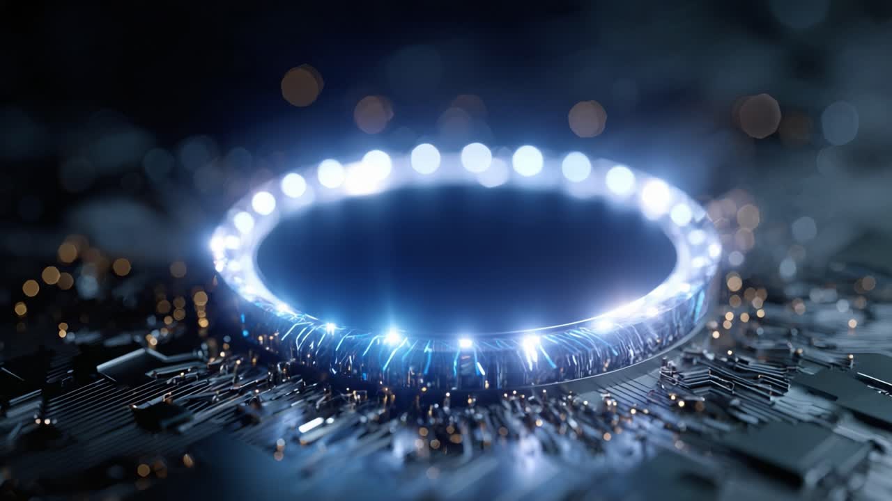 Futuristic Circular Device Glowing with Radiant Light in a High-Tech Environment, Surrounded by Complex Circuitry Creating a Mesmerizing Visual Effect