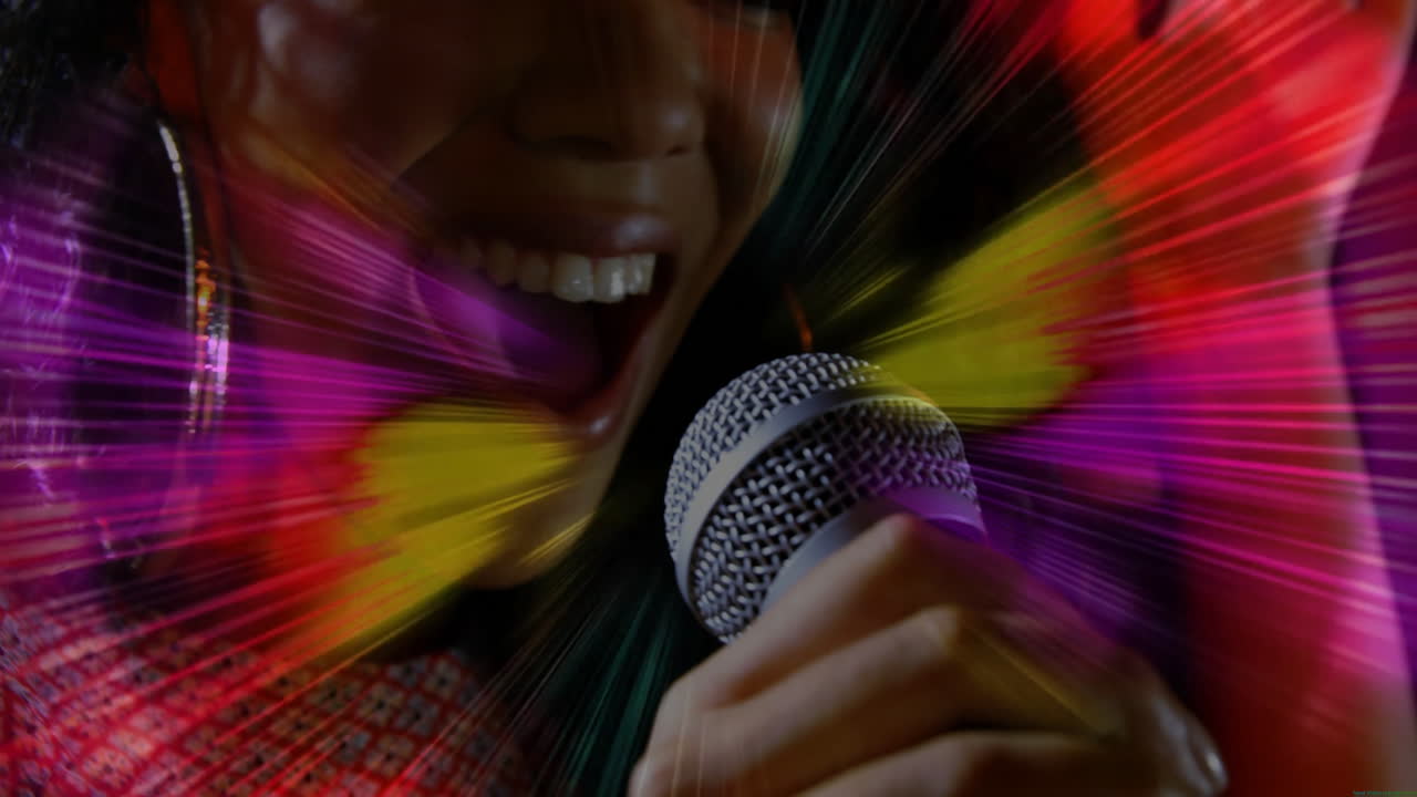 Singer woman gripping mic performing music session, with animated light streaks radiating vibe