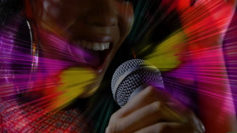 singer woman gripping mic performing music session, with animated light streaks radiating vibe
