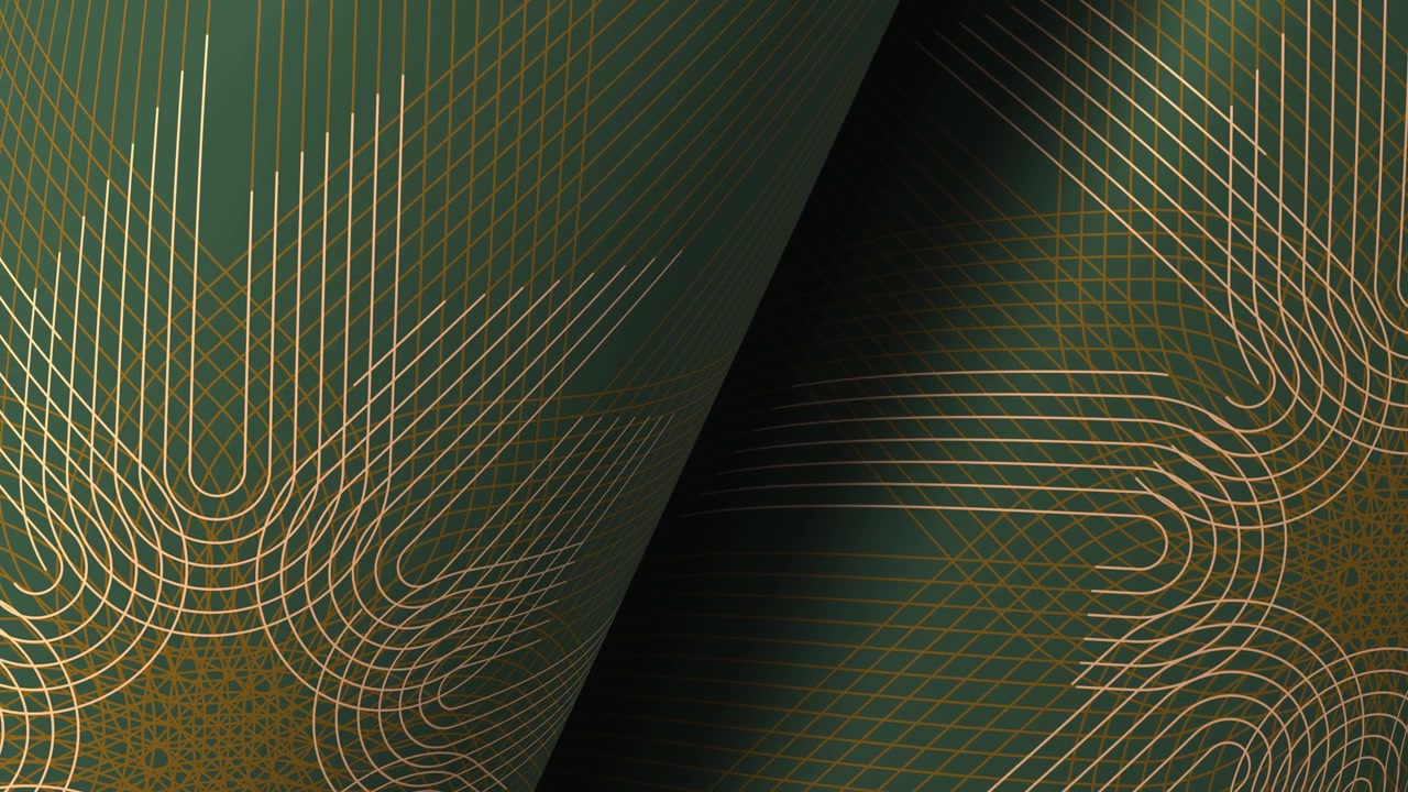 Fondo verde oscuro elegante con líneas geométricas doradas en movimiento