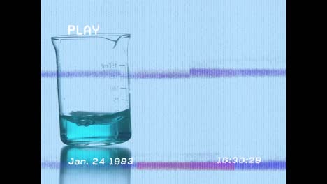Animation-of-screen-with-glitch-over-lab-glass-with-reagent-on-blue-background