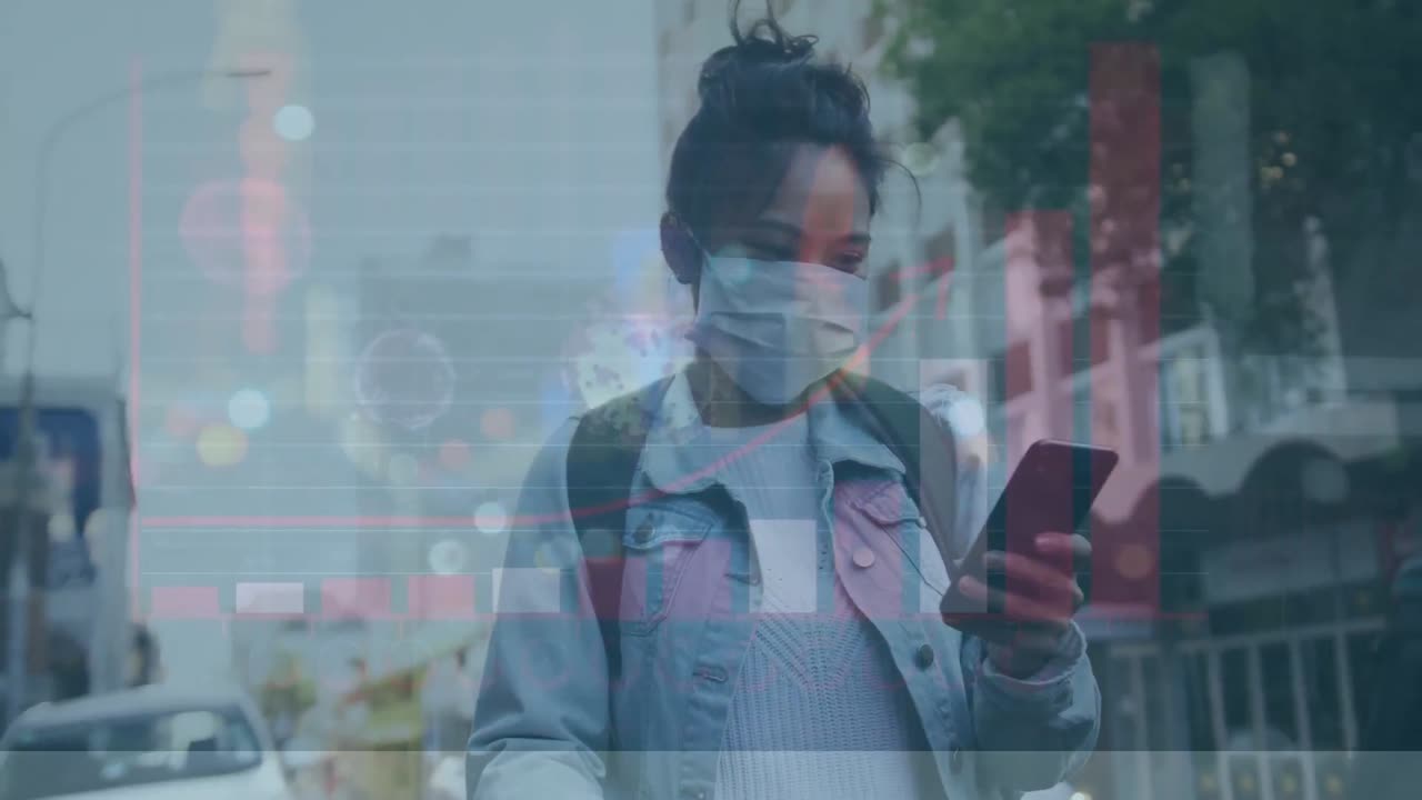 Animation of medical data processing over biracial woman in face mask using smartphone