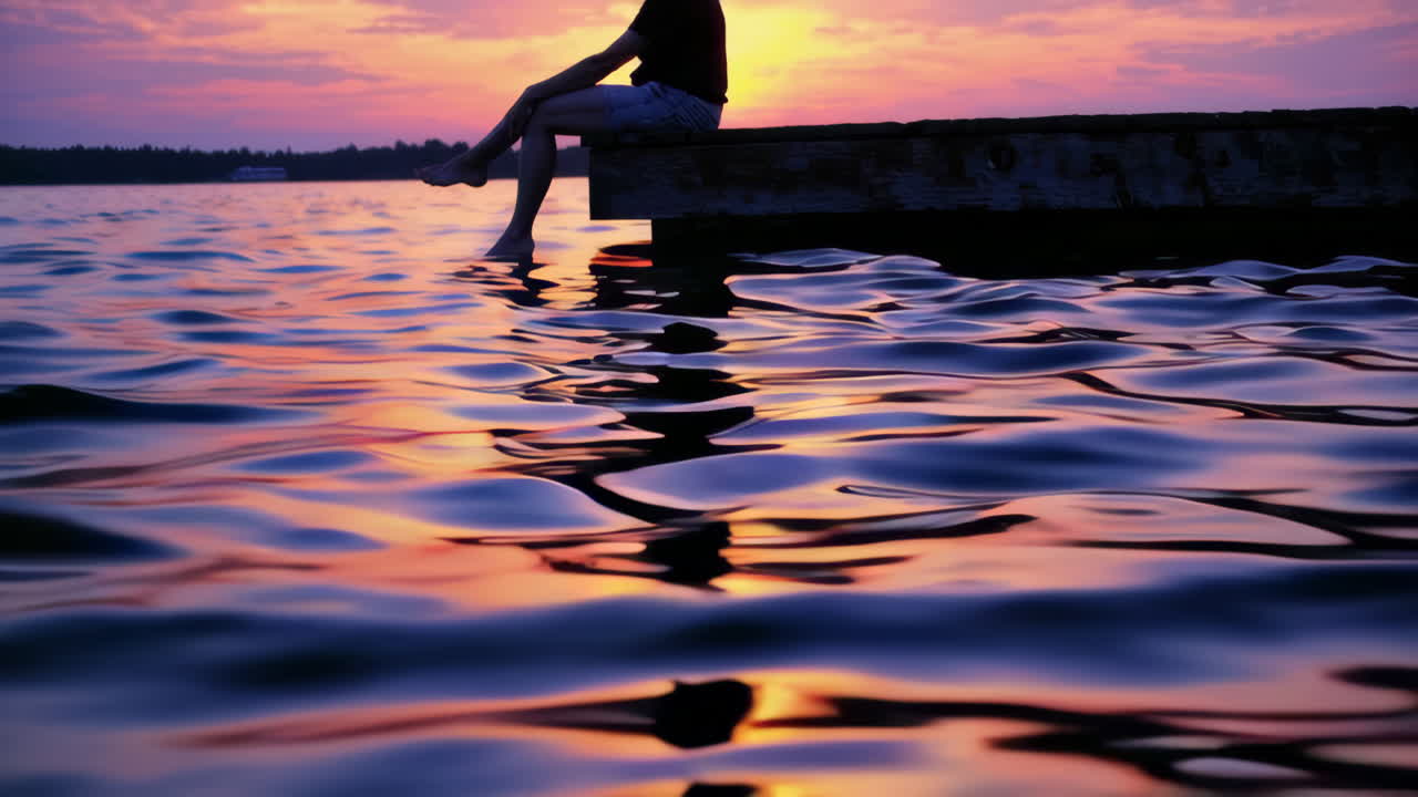 Person relaxing on a dock at sunset over a calm lake