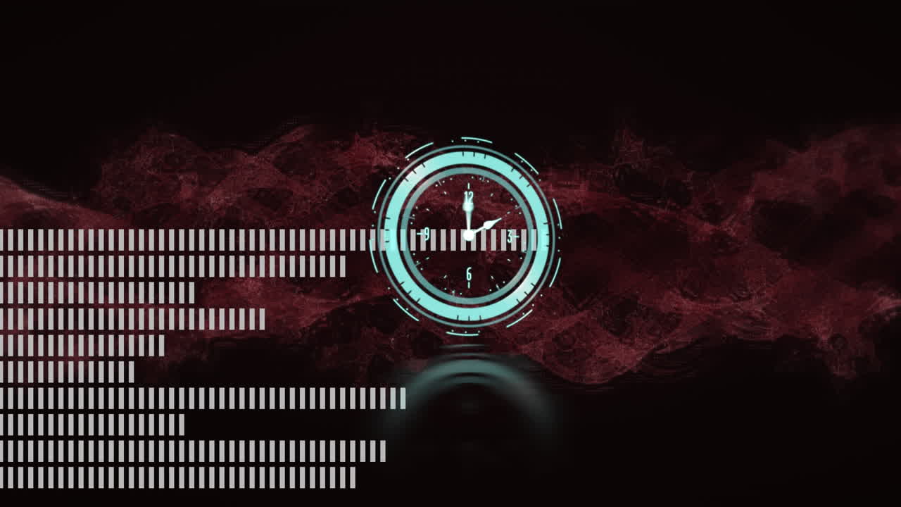 Digital animation of topography against neon blue digital clock ticking on black background