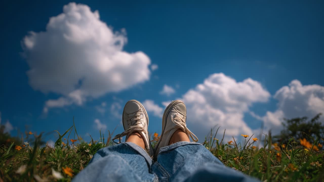 Relaxing in Nature: A Serene Snapshot of Feet in Sneakers with Vibrant Wildflowers Under a Bright Blue Sky and Fluffy Clouds