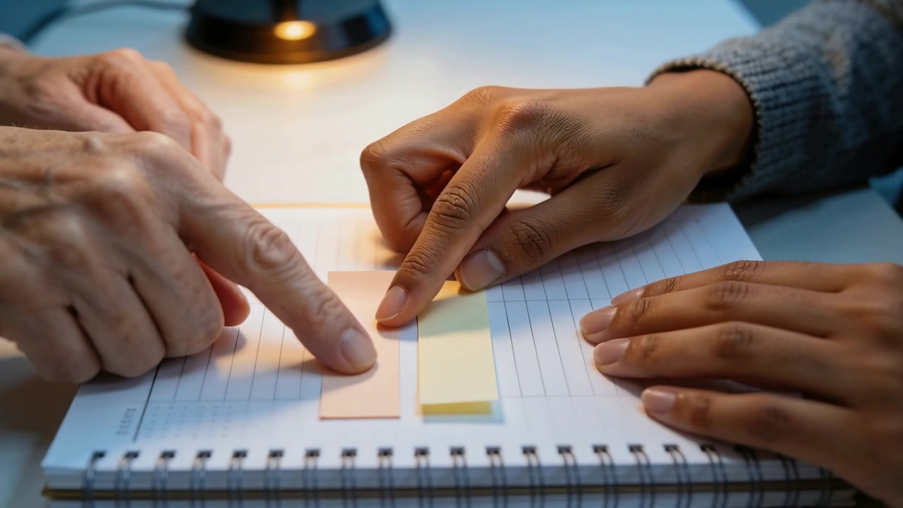 Pointing senior hand guiding adult in gray placing yellow-peach strips on spiral notebook by lamp