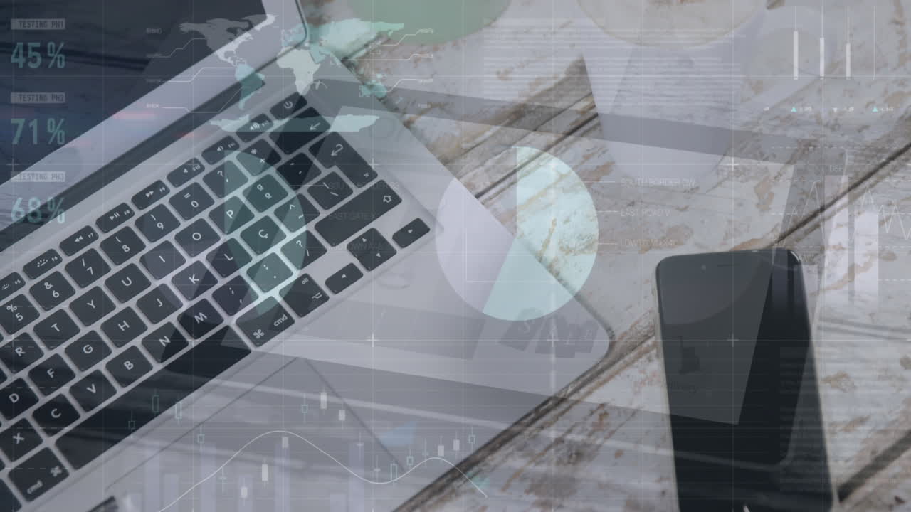 animación del procesamiento de datos estadísticos contra computadora portátil, teléfono inteligente y gafas en una mesa de madera