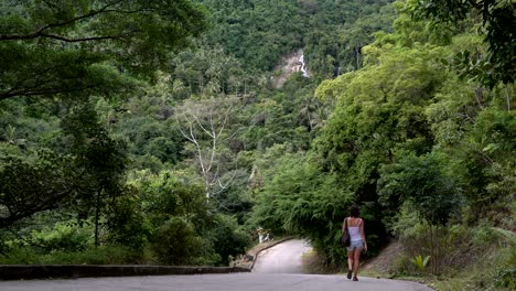 a woman descends from mountains on road