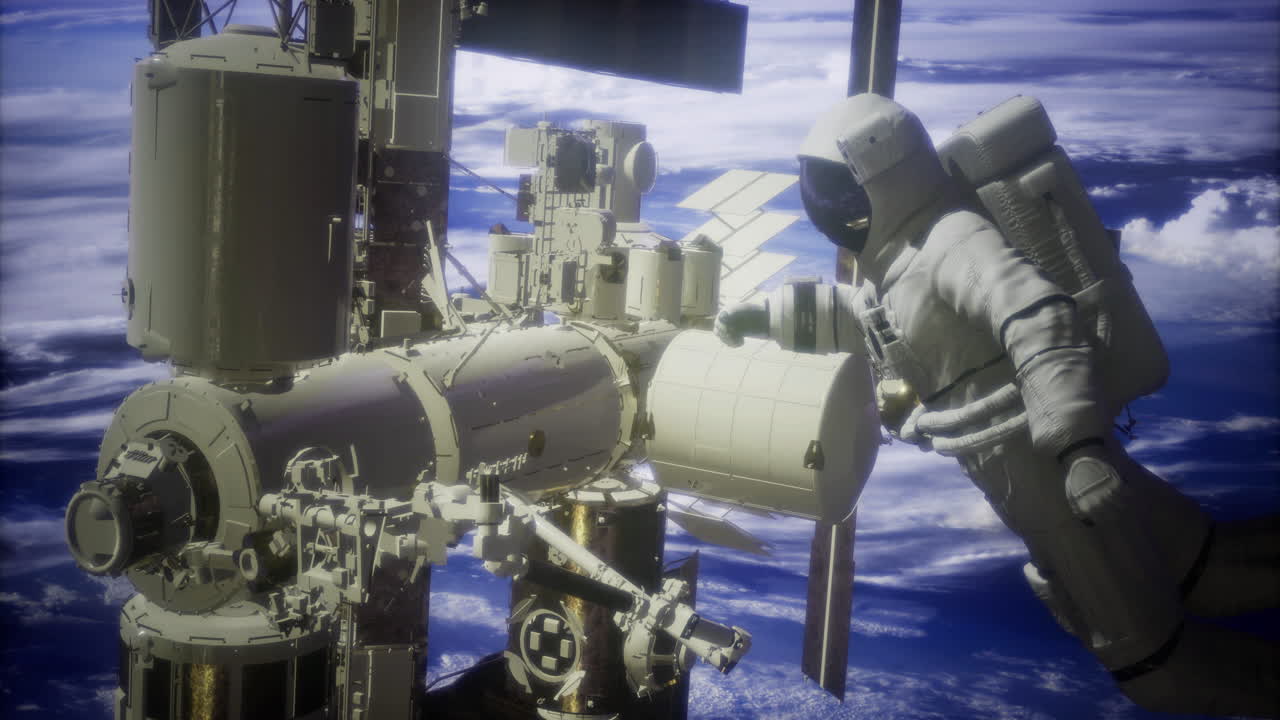 Astronauta in una passeggiata spaziale vicino alla Stazione Spaziale Internazionale