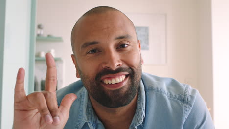 happy man, video call and hand love sign language