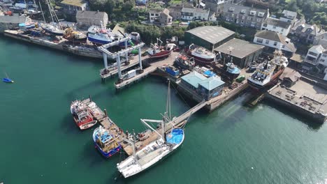 fishing boats polruan cornwall uk drone,aerial