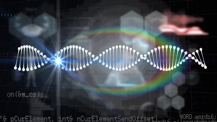Animation of rainbow flare and dna structures spinning over chemical structures and data processing