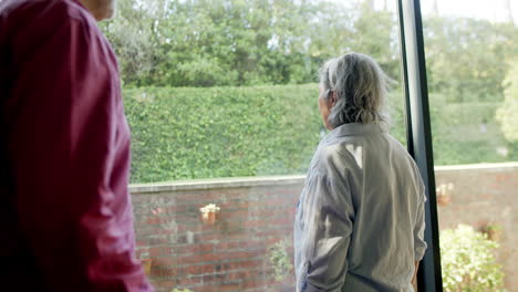 happy biracial senior couple embracing at window at home