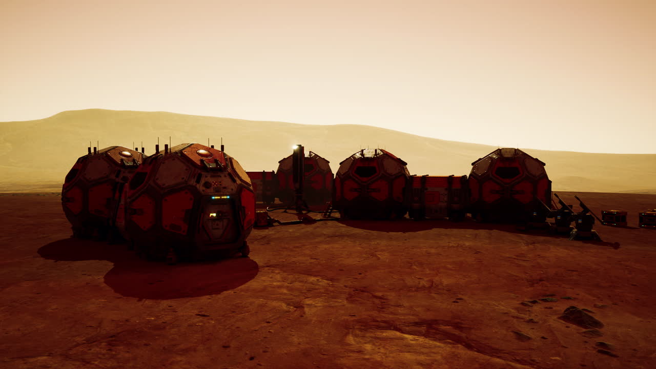 Exploration of a martian base with habitat modules under a dusty orange sky