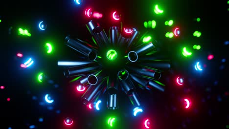 multicolored neon spheres jump out of metal tubes. infinitely looped animation