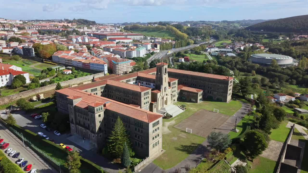 4K drone aerial view of the Minor Seminary in Santiago de Compostela in the Belvís area