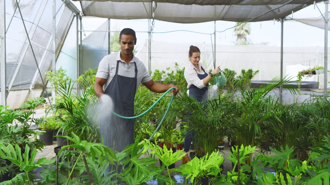 Man watering plants with hose while woman uses watering can in greenhouse