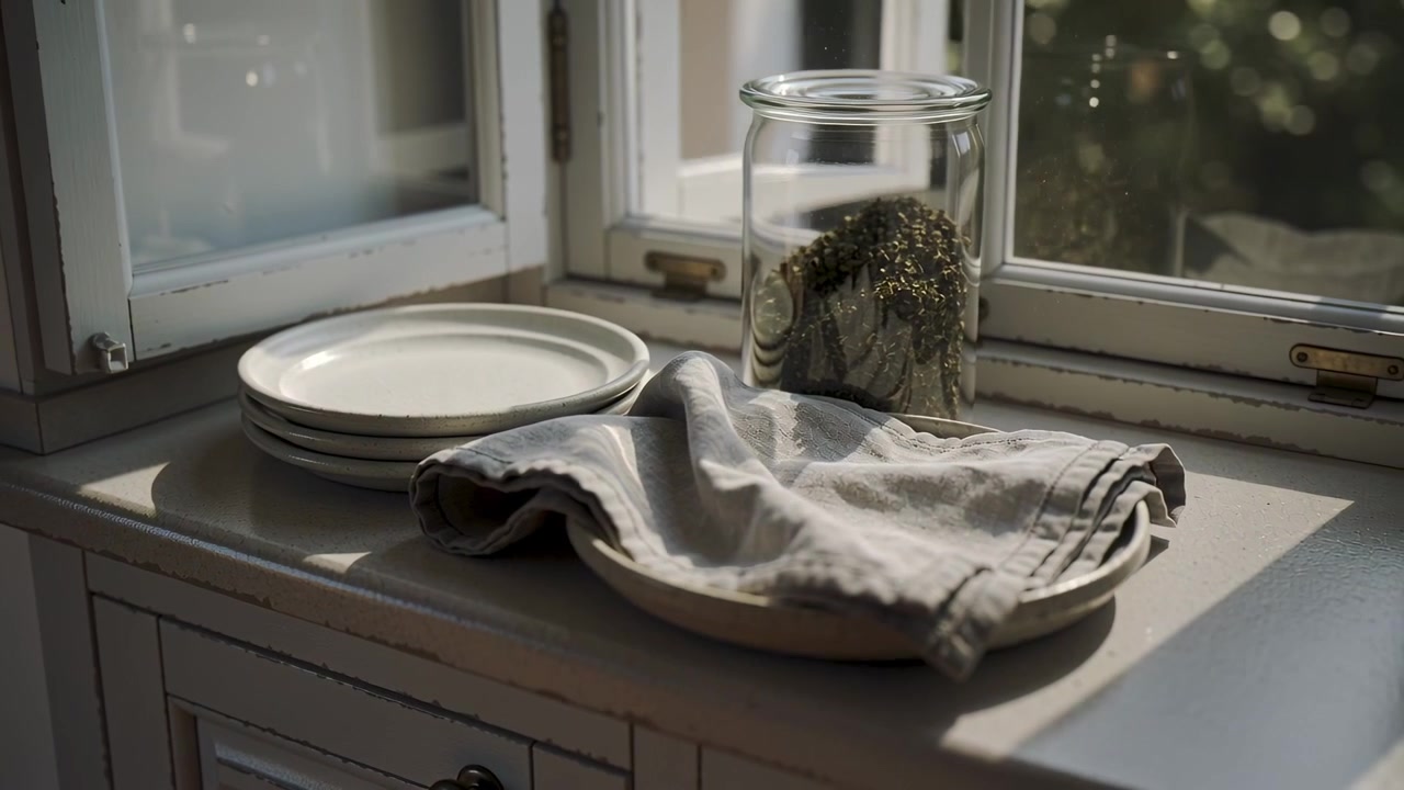 Shifting camera focus and framing showing napkin, plates, herb jar at kitchen nook