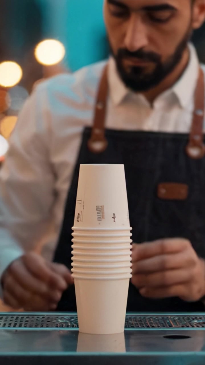 Un barista concentrato che prepara bevande, mettendo in mostra la sua abilità e attenzione ai dettagli mentre bilancia una pila di bicchieri di carta sul bancone in un vivace ambiente da caffè.