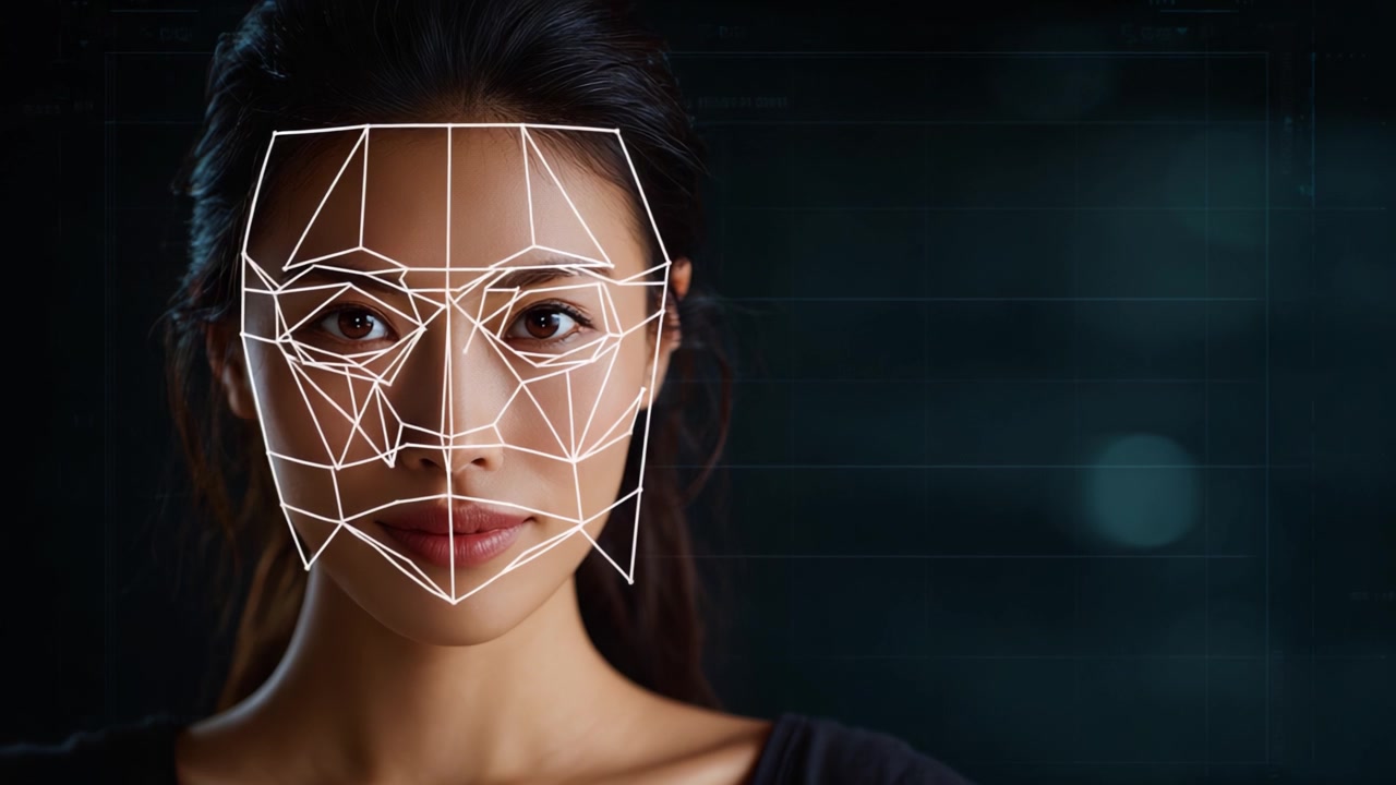 Exploring Facial Recognition Technology: A Close-Up on a Face with Advanced Geometric Analysis and Mapping for Enhanced Identification Capabilities