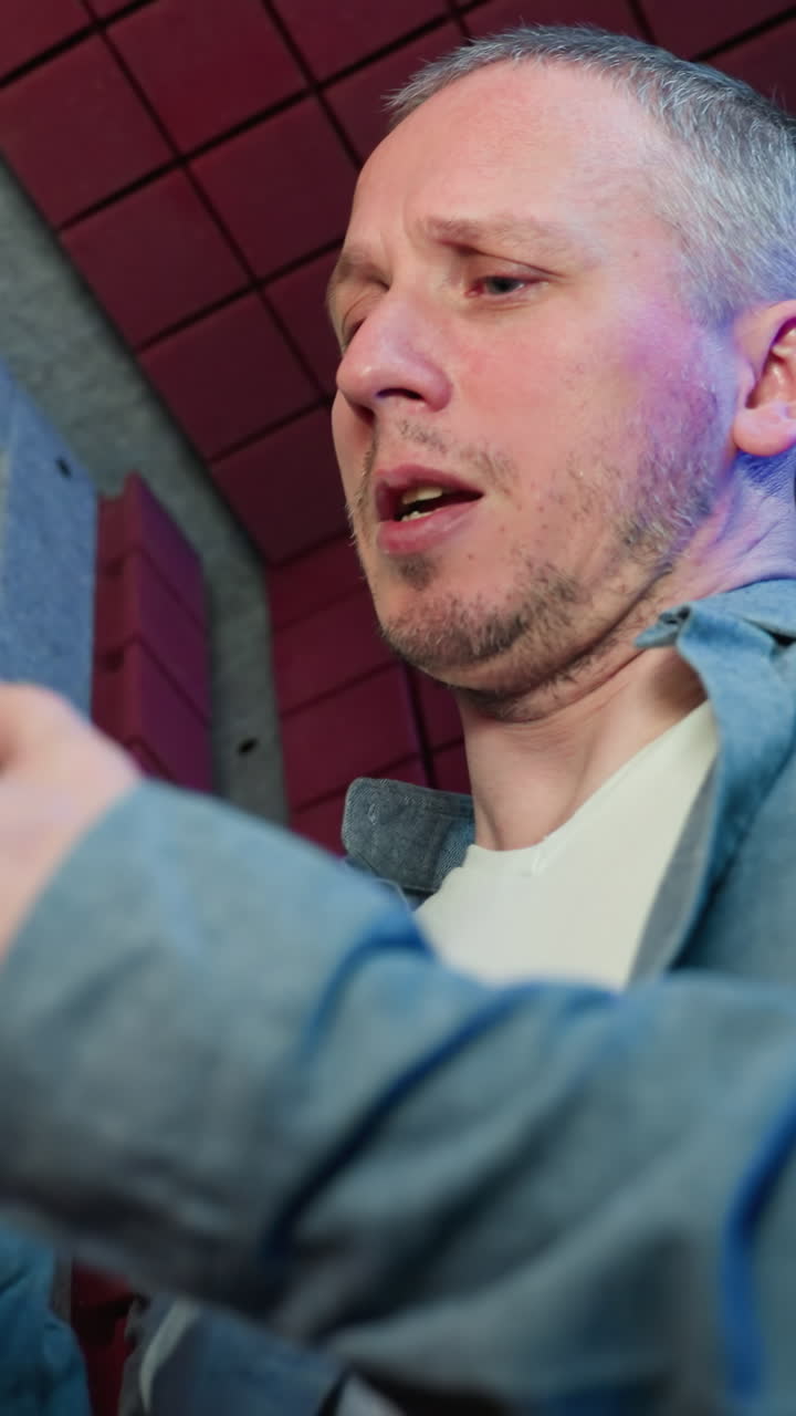 primer plano de un hombre con una camisa azul examinando los auriculares atentamente dentro de un estudio de grabación a prueba de sonido rojo, transmitiendo enfoque y profesionalismo