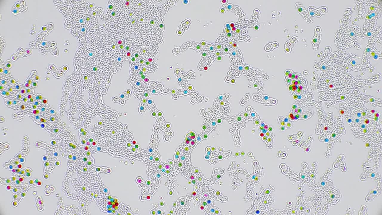 A vibrant view of microscopic organisms reveals various shapes and colors. Tiny life forms interact within their environment, showcasing biological diversity at a cellular level.