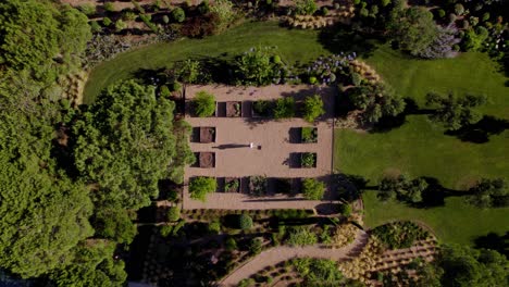 Aerial-ground-plan-of-a-man-walking-through-a-garden-of-a-big-house