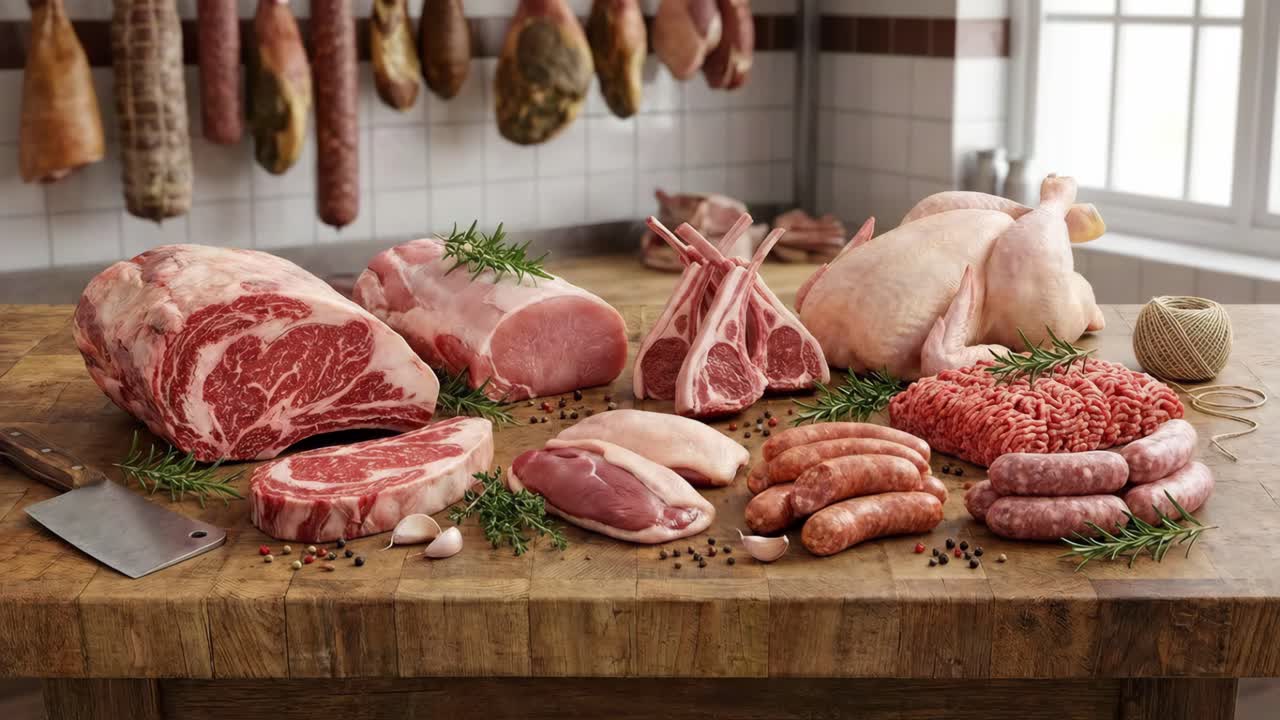Assortimento di tagli di carne e pollame su tavolo di legno