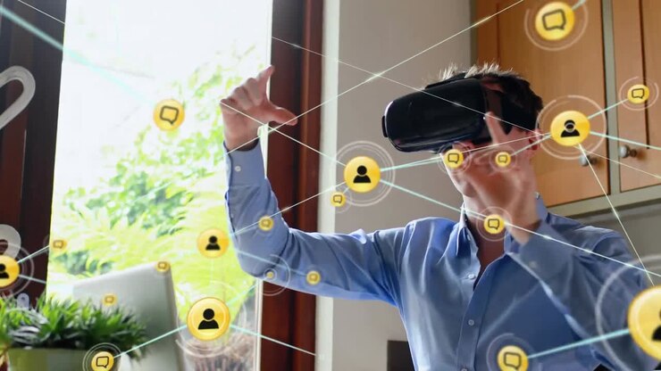Animation of network of connections with icons over man wearing vr headset