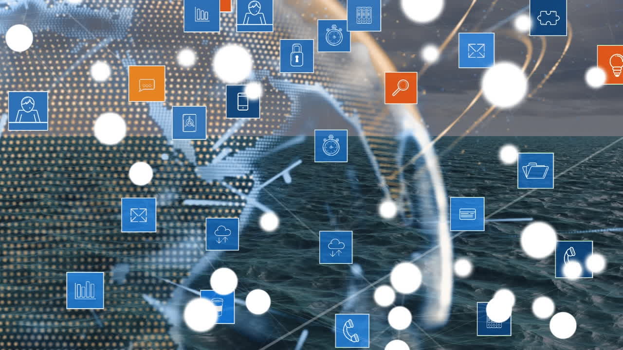 바다 위의 아이콘과 연결 네트워크의 애니메이션