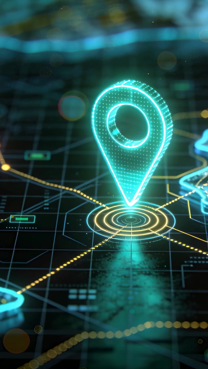 Vertical video: Appearing holographic cyan pin rotating, pulsing above map plane, marking location