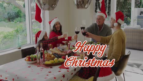 Animation-of-merry-christmas-text-over-caucasian-family-wearing-santa-hats