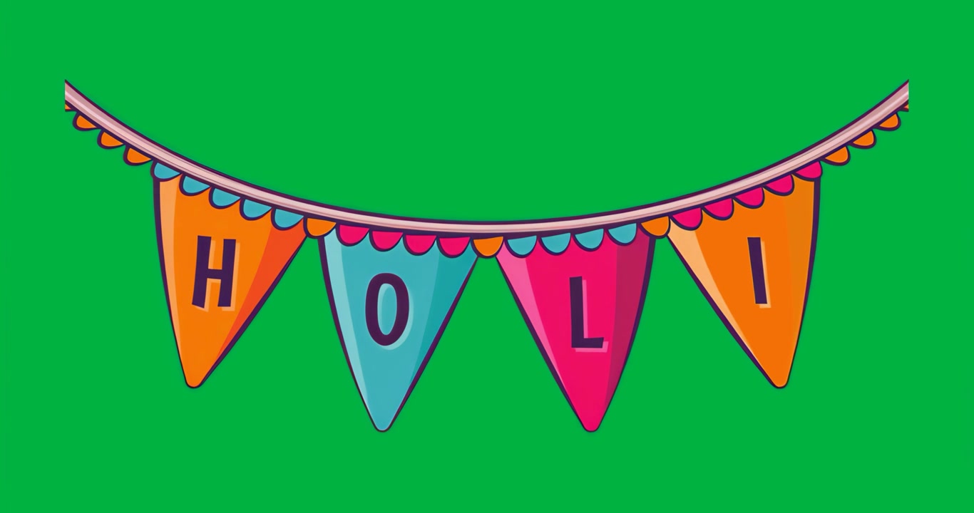 Ghirlanda di bandierine che forma la parola HOLI all'avvio, con lettere che appaiono in sequenza per creare un decoro festivo.