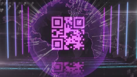 QR-code-scanner-with-neon-elements-against-spinning-globe-and-world-map
