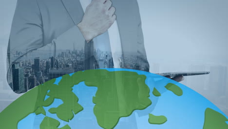 animation of globe over caucasian businessman using tablet and cityscape