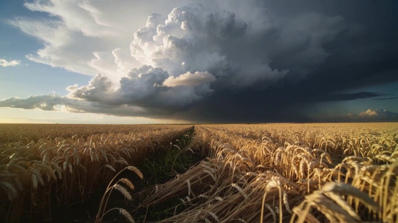 Kamera beginnt sich auf Traktorspur auf Ackerland zu bewegen, enthüllt goldenen Weizen und Sturmwolke.
