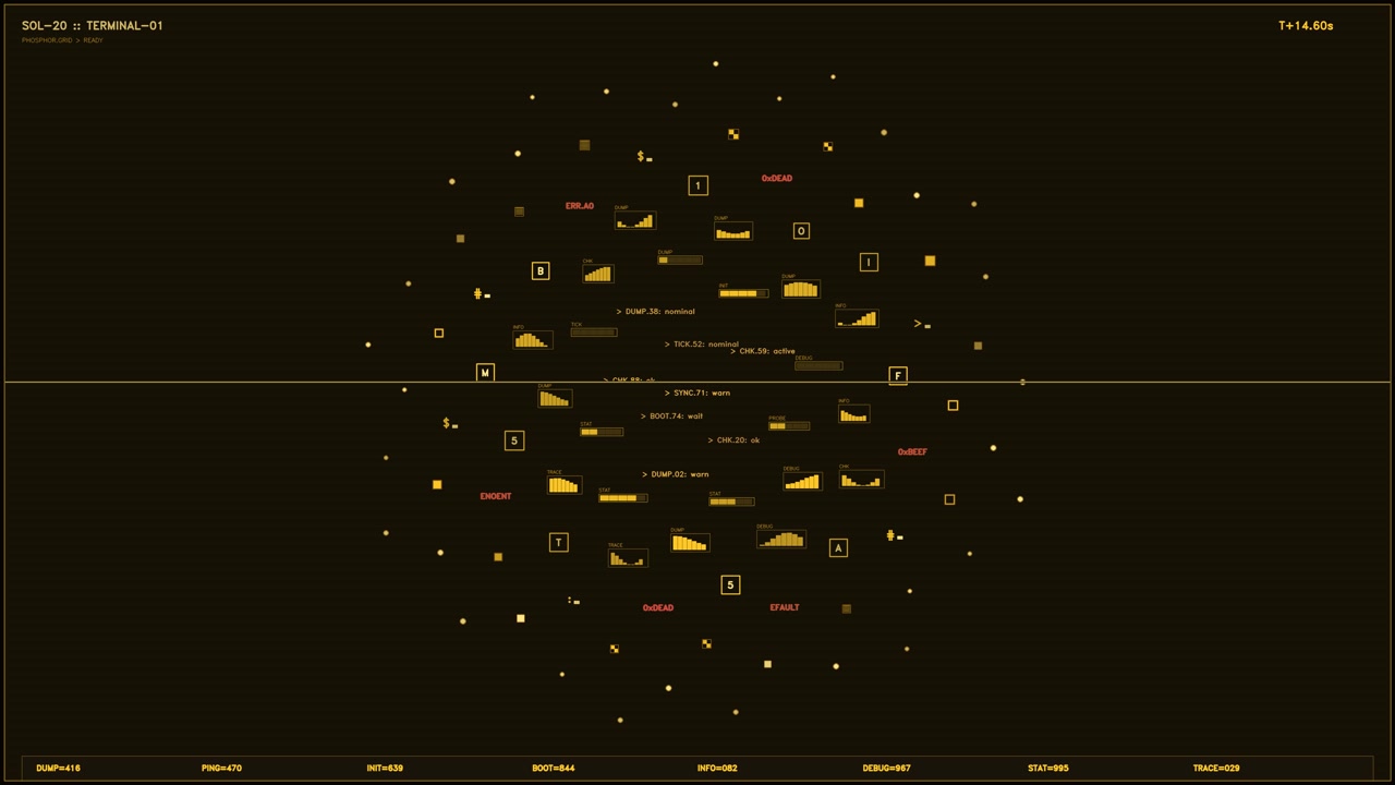 A sophisticated sci fi terminal interface featuring amber data visualizations, bar graphs, and command line telemetry. The screen displays various system logs, error codes like 0xDEAD and ENOENT, and