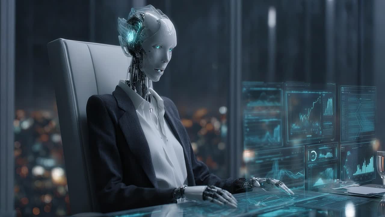 Futuristic Corporate Robotic Assistant Analyzing Data in a High-Tech Office Environment with Urban Cityscape View