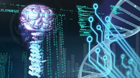 Tree-and-medical-data-processing-green-dna-structure-against-blue-background