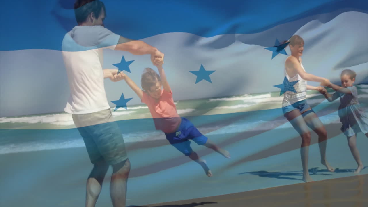 해변에서 백인 가족 위에 온두라스 발의 애니메이션