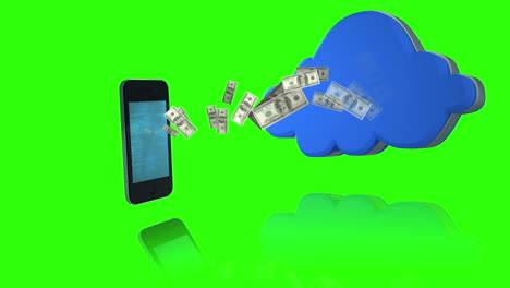 Dinero-Que-Sale-De-Un-Teléfono-Inteligente-Y-Viene-En-Una-Nube-Sobre-Fondo-De-Pantalla-Verde