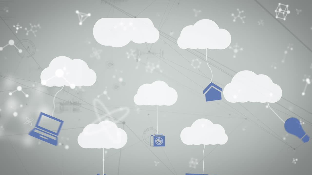 아이콘과 연결 네트워크를 가진 디지털 클라우드의 애니메이션