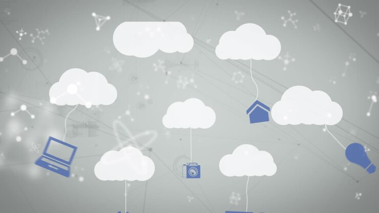 Animation of digital clouds with icons and network of connections