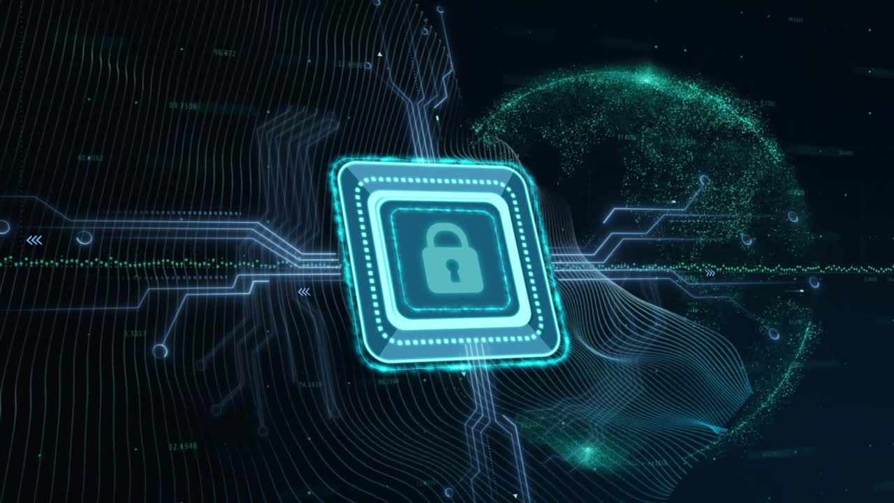 Animation of padlock icon with computer circuit board over globe and lines on black background