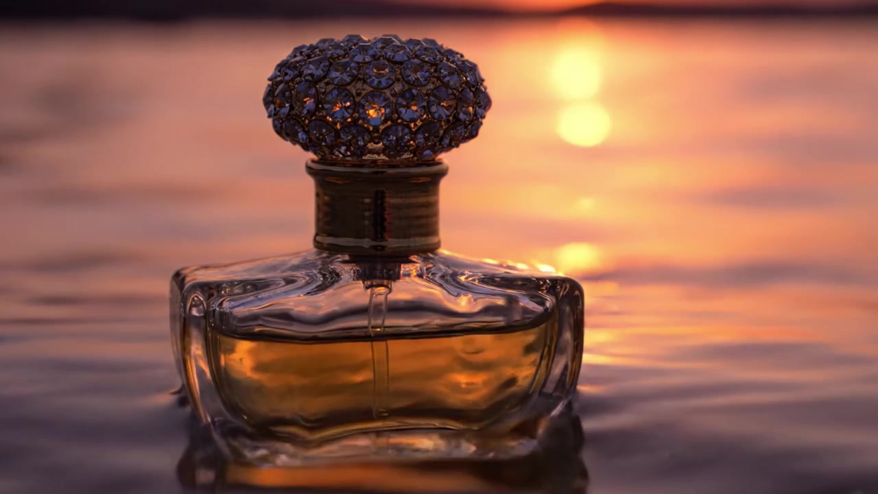Una lussuosa bottiglia di profumo luccica al tramonto, proiettando sfumature riflettenti sulla superficie dell'acqua, catturando eleganza e serenità nell'abbraccio della natura.