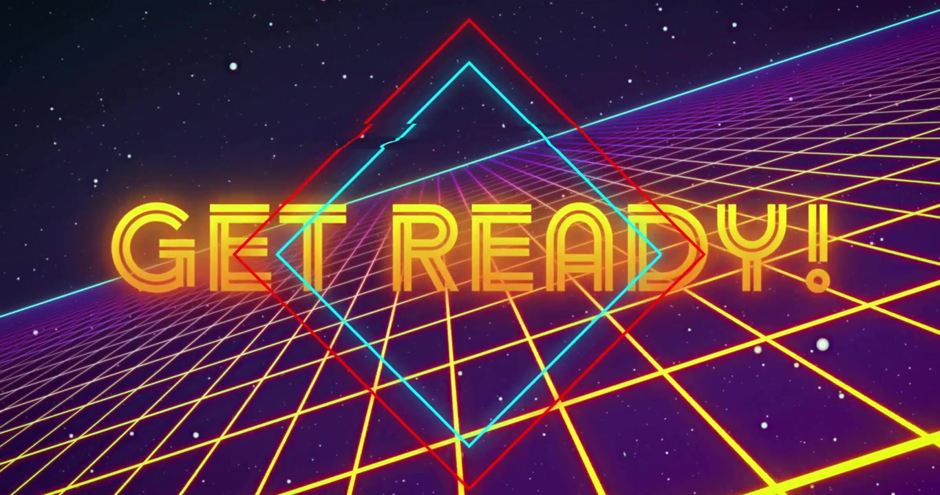 Neon yellow 'GET READY!' text glitching, splitting grid while diamonds rotating and teasing viewers