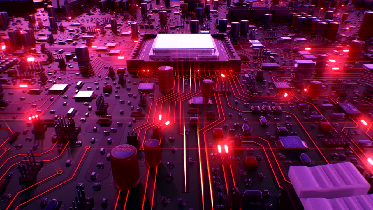 volando sobre la placa de circuito y los procesadores con luces rojas. animación en bucle 3d de la placa base y la cpu con llamaradas rojas. tecnología y concepto digital.