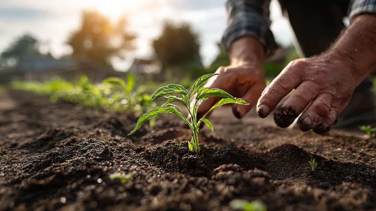 A Gardener's Touch: Cultivating New Life as Hands Gently Plant Seedlings in Fertile Soil Under the Warm Glow of the Sun