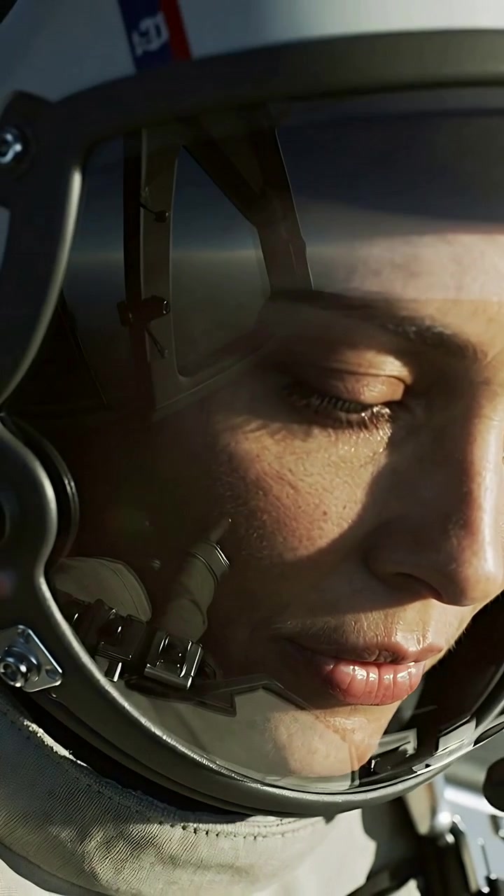 Video vertikal: Pilot wanita berkedip menutup mata karena silau visor di kokpit, dengan setelan pilot berhelm dan mikrofon.